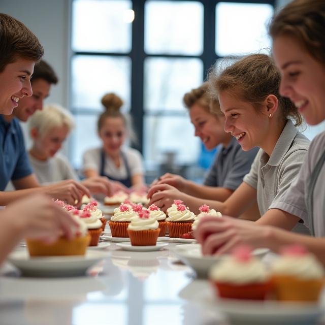 Students learning to decorate cupcakes in a bright, modern kitchen.