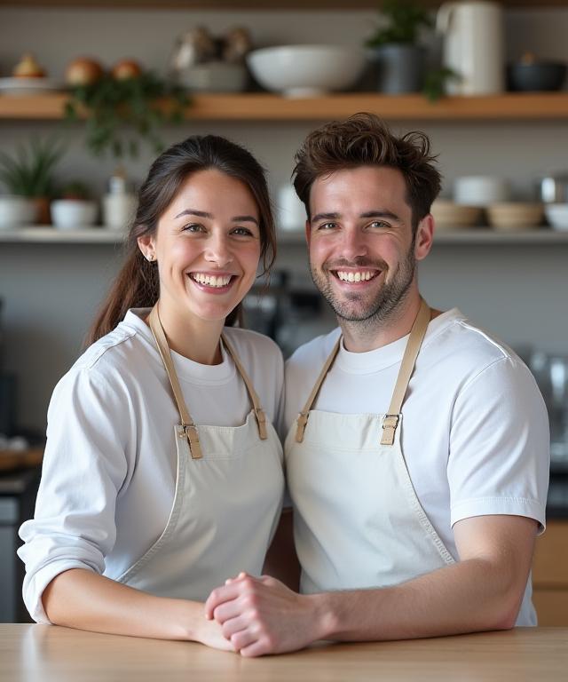 The founders of Fjord Frostings smiling in their modern bakery.