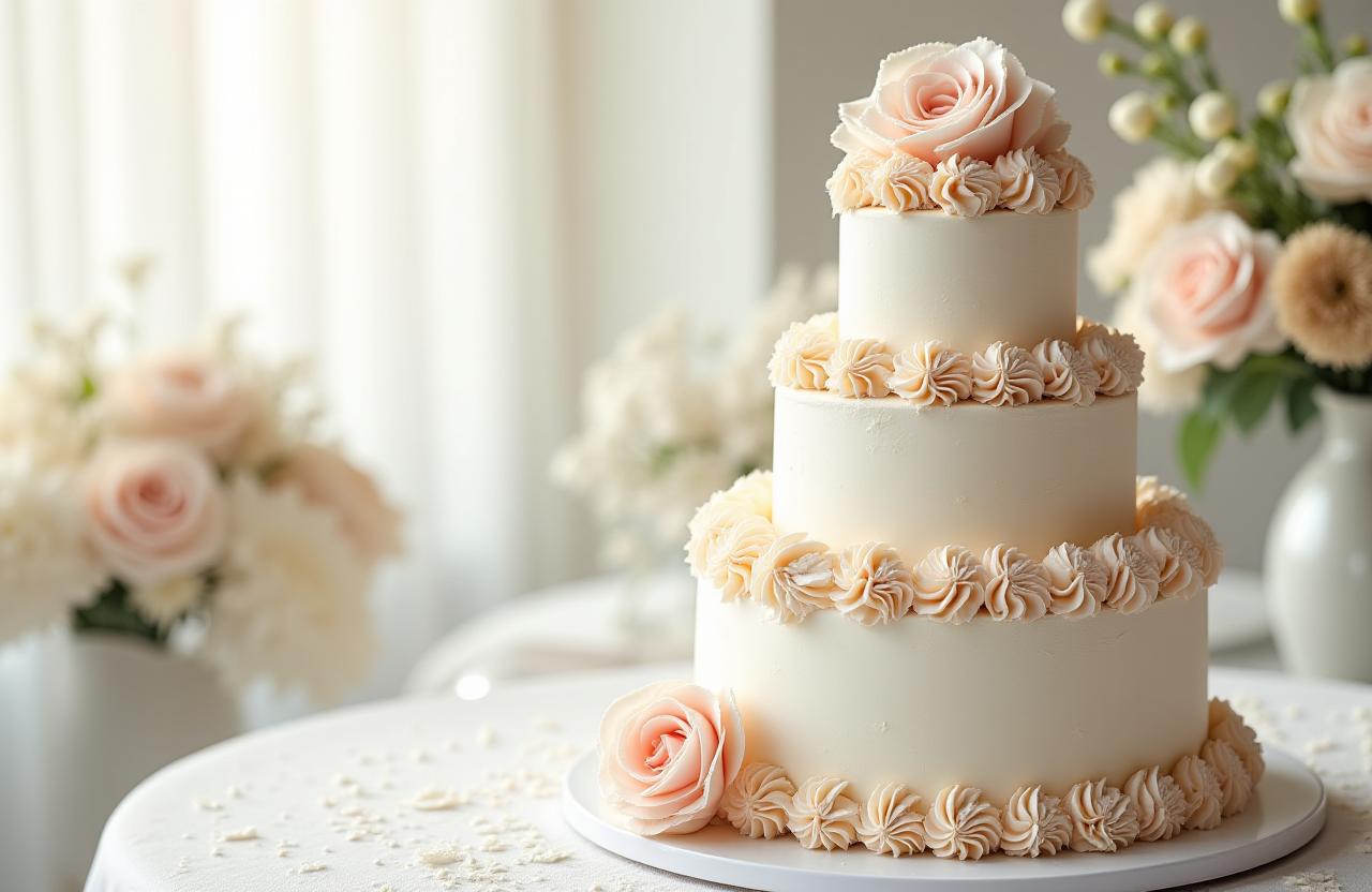 A stunning multi-tiered wedding cake with delicate frosting details, set against a clean background.