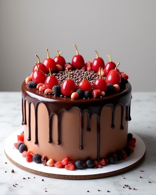 A modern chocolate drip celebration cake.