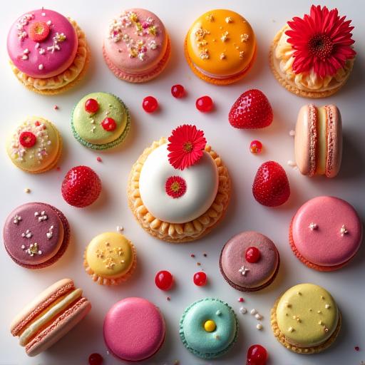 An assortment of colorful artisan pastries and macarons.