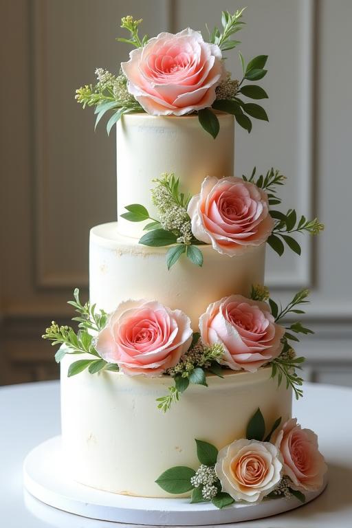 Elegant four-tier wedding cake with fresh flowers.